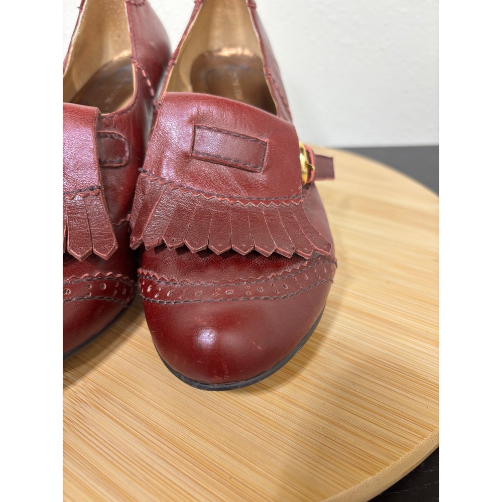 All Black Kiltie Loafer Pumps 38.5 Burgundy Leather Brogue‎ Buckle Heels 7.5-8 - Picture 3 of 15